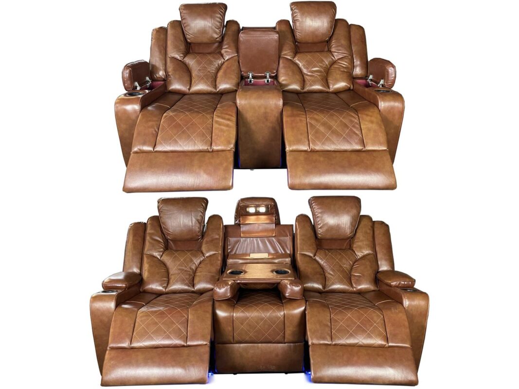 Amsterdam Genuine Leather brown 3+2 electric LED reclining sofa